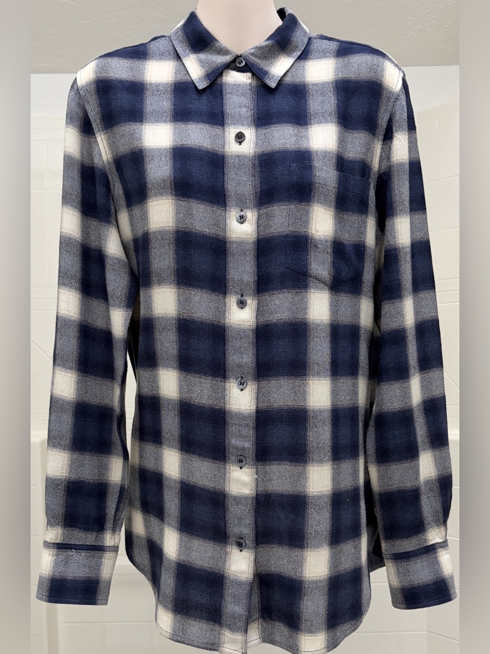 Theory Simara NB Plaid Wool Blend Shirt in Blue Size Small